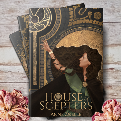 The House of Scepters book cover on a stack of books