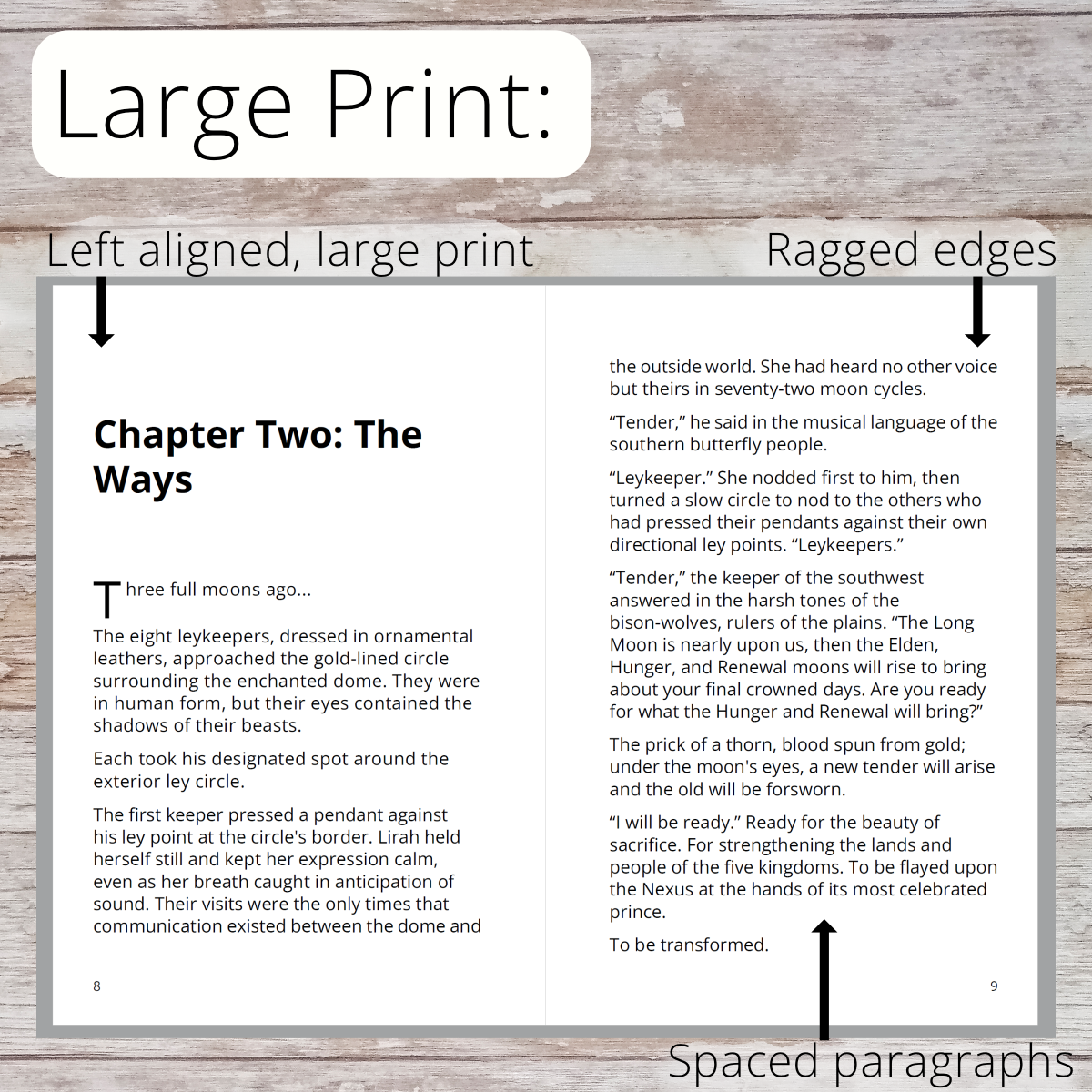 A visual example of large print text printed on two pages.